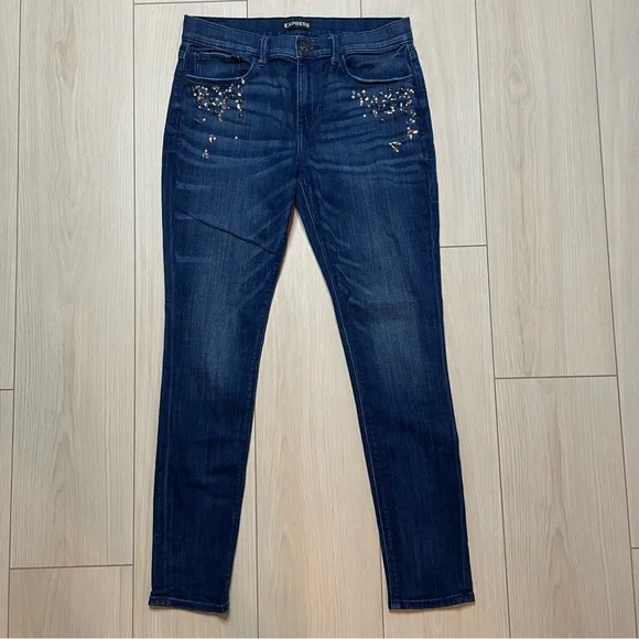 Express Rhinestone Mid Rise Legging Dark Denim Jeans - Picture 5 of 5